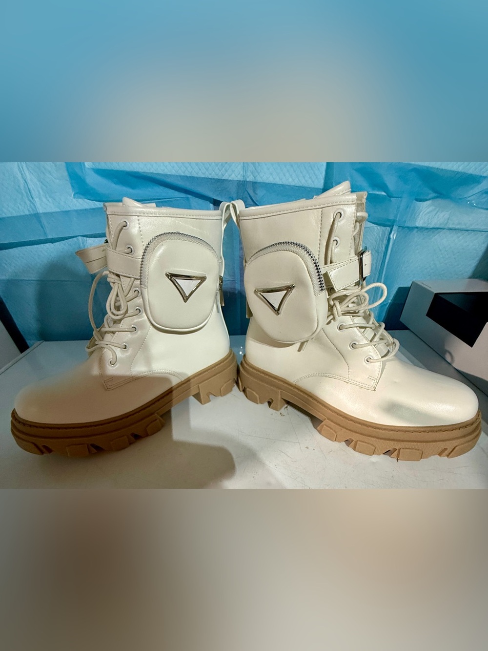Women's Cream Combat Boots with Detachable Zippered Pouches